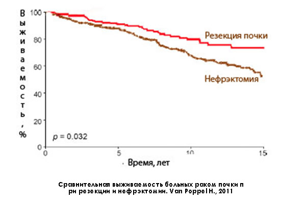 Сравнительная выживаемость больных раком почки при резекции и нефрэктомии. Van Poppel H., 2011